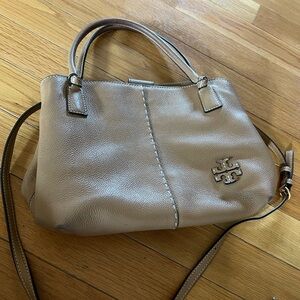 Tory Burch Mcgraw Satchel Handbag Pebbled Leather Tan Nude Beige  Purse Tote Bag
